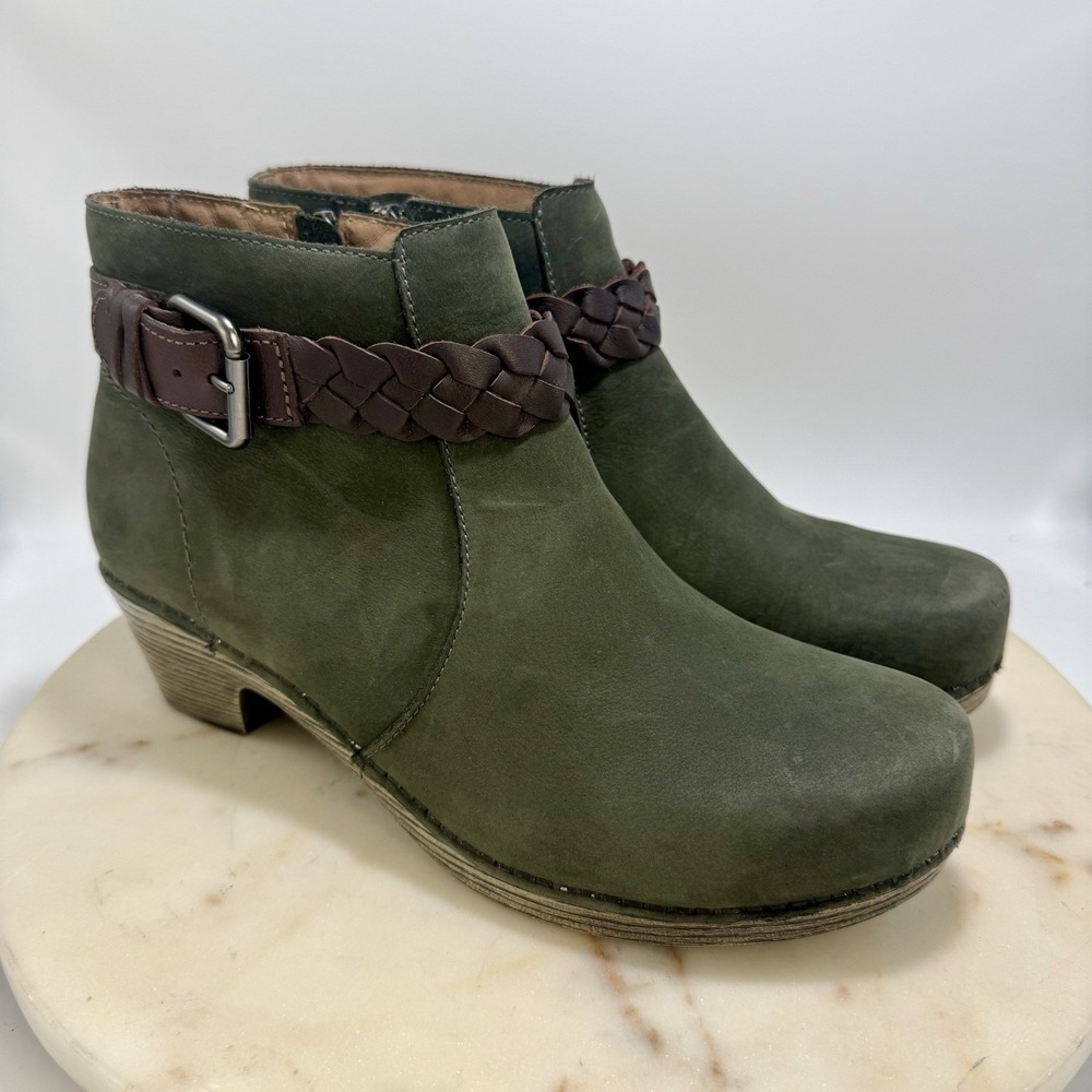 Dansko Boots Women's EU40 US 9 Michelle Ankle Booties Olive Leather Braid Buckle